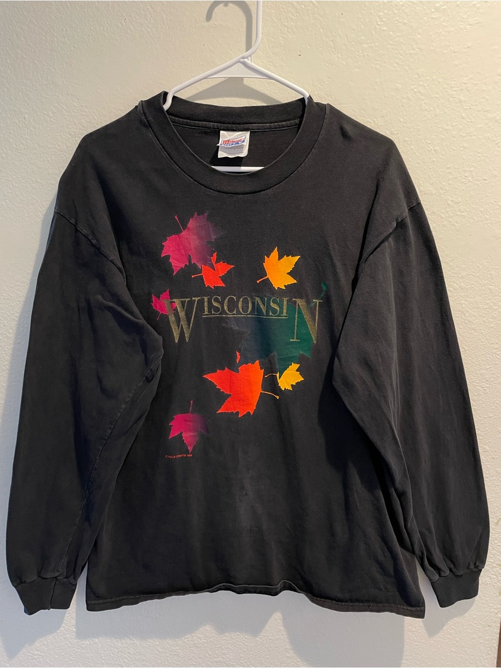 Vintage 90s Wisconsin Fall Leaves Long Sleeve Beefy Graphic Tee Black L